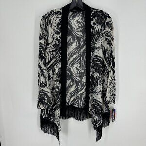 R&M Richards Sheer Jacket Top Open Cardigan Fringe Abstract Print Black Cream